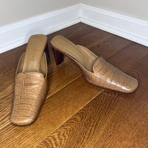 Nine West Mules Heels Square Toe Croc Embossed Leather‎ Slides 7.5M